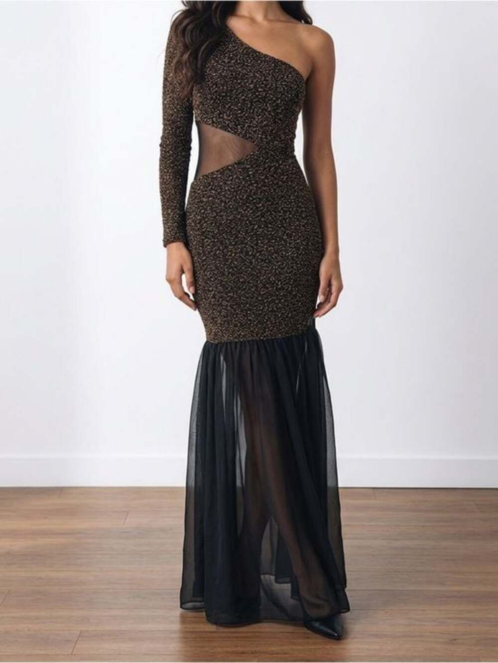 Vintage 1980s Black Gold One Sleeve Mermaid Prom Dress